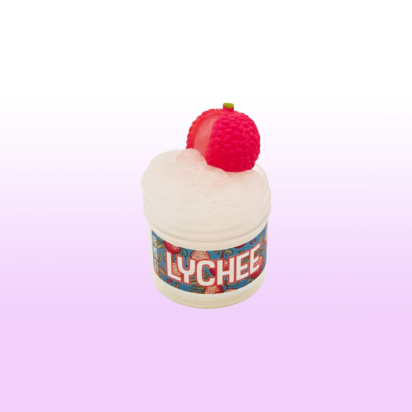 Lychee slime with lychee charm on top against a light pink background