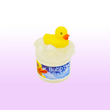 Clear bubble bath slime with bubble beads showing fizzy texture and glossy stretch