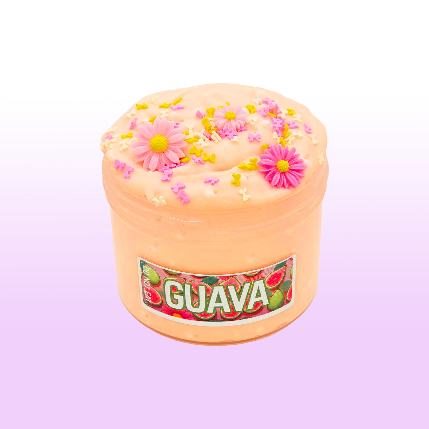 Guava slime with floral decorations and a 'Guava' label on a light purple background