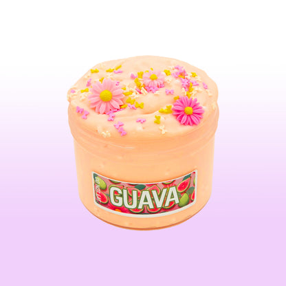 Guava slime with floral decorations and a 'Guava' label on a light purple background
