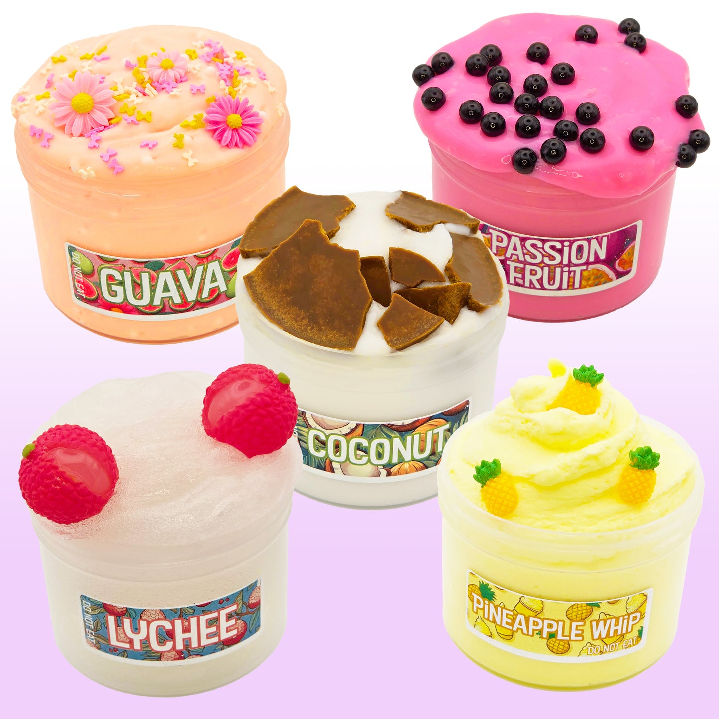 Five colorful slimes with labels indicating flavors on a pink background