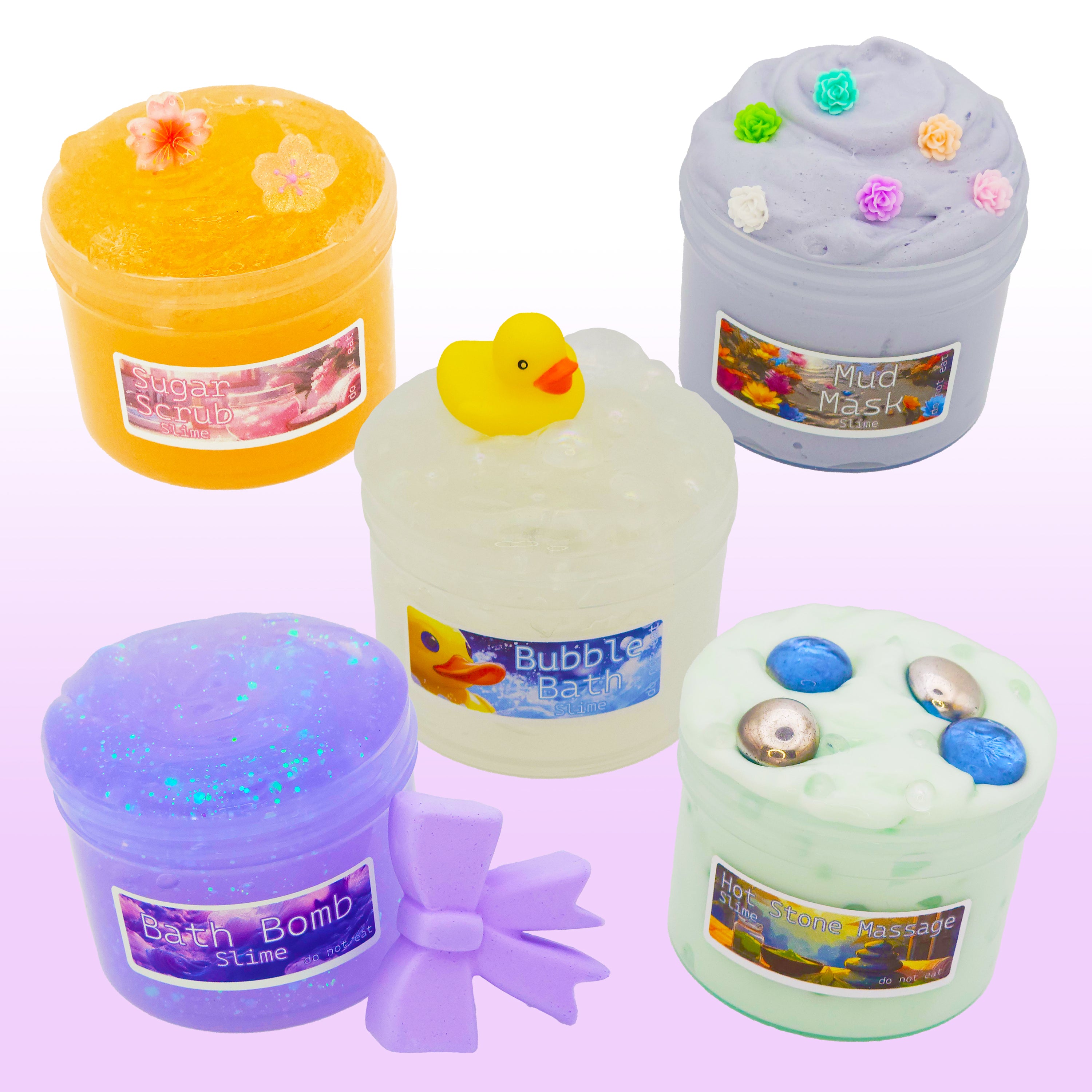 Spa Day slime bundle featuring five handmade scented slimes with clear, butter, jelly, and crunchy textures