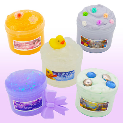 Spa Day slime bundle featuring five handmade scented slimes with clear, butter, jelly, and crunchy textures