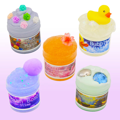 Handmade spa themed slime collection including bubble bath, mud mask, sugar scrub, hot stone massage, and bath bomb slimes