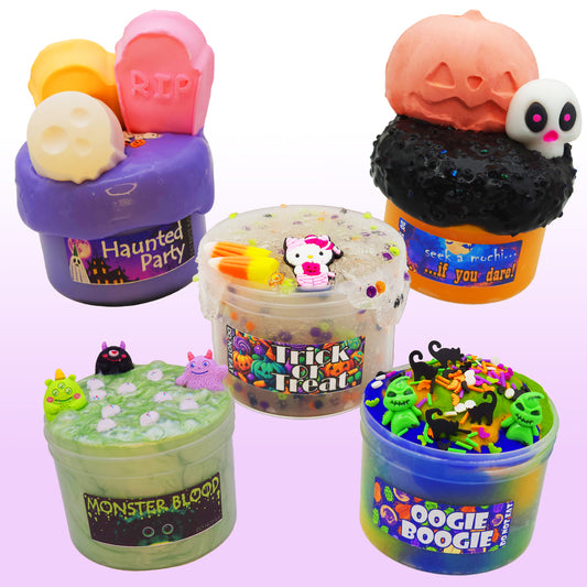 Halloween Slime Bundle by Poppy Mello Slimes. Set of Halloween-themed toy containers with various small figures on a light purple background